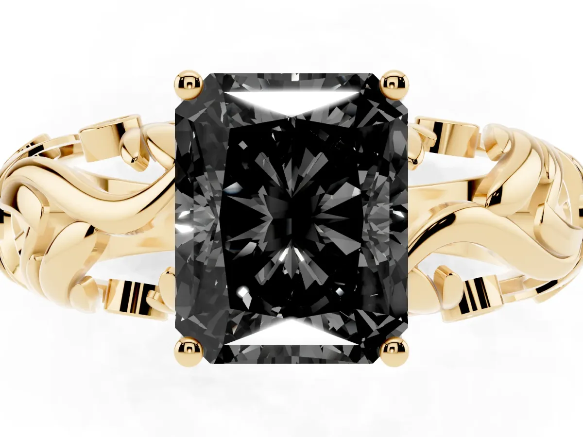 Fancy Black Radiant Cut Solitaire Diamond Leaf-Inspired Vine Band Ring with Prong Setting Yellow gold
