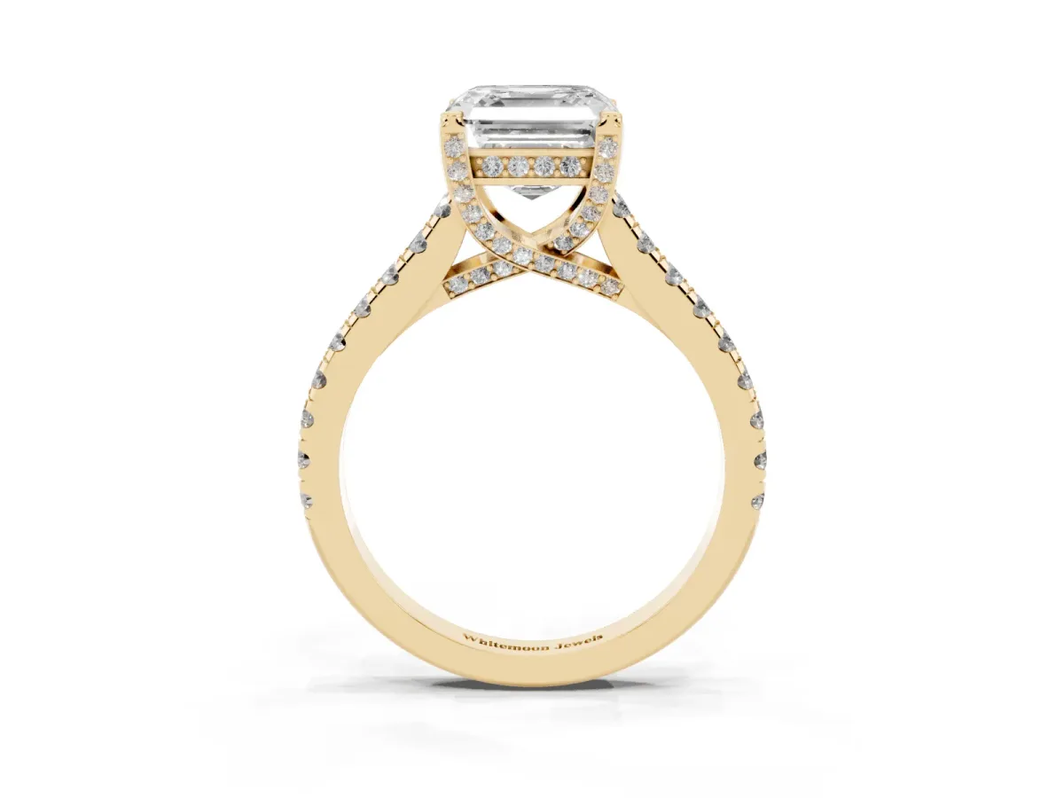 Asscher Cut Brilliant Diamond Solitaire with Pavé Band and Four-Prong Setting Yellow gold