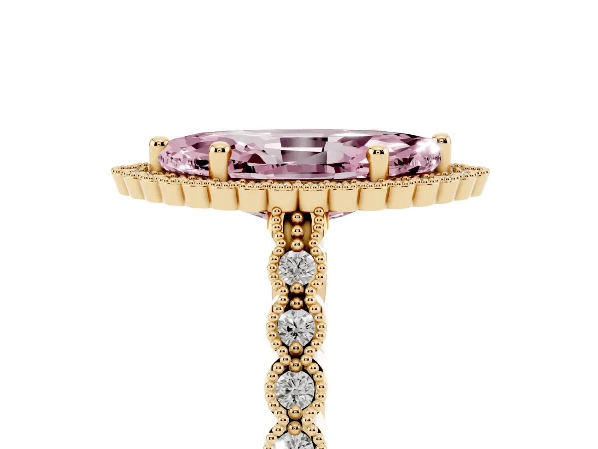 Fancy Pink Marquise Cut Cut Halo Pavé Solitaire Ring with Milgrain Band Yellow gold