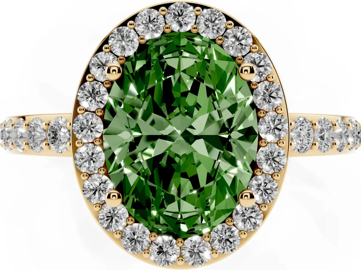 Fancy Green Oval Cut Halo Diamond Pavé Band Ring with Prong Setting Yellow gold
