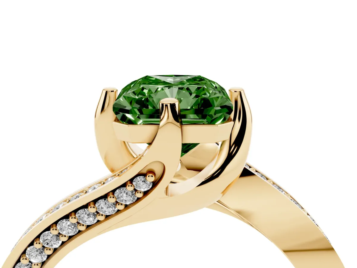 Fancy Green Radiant Cut Solitaire Diamond Twist Band with Pavé Setting and Four-Prong Setting Yellow gold