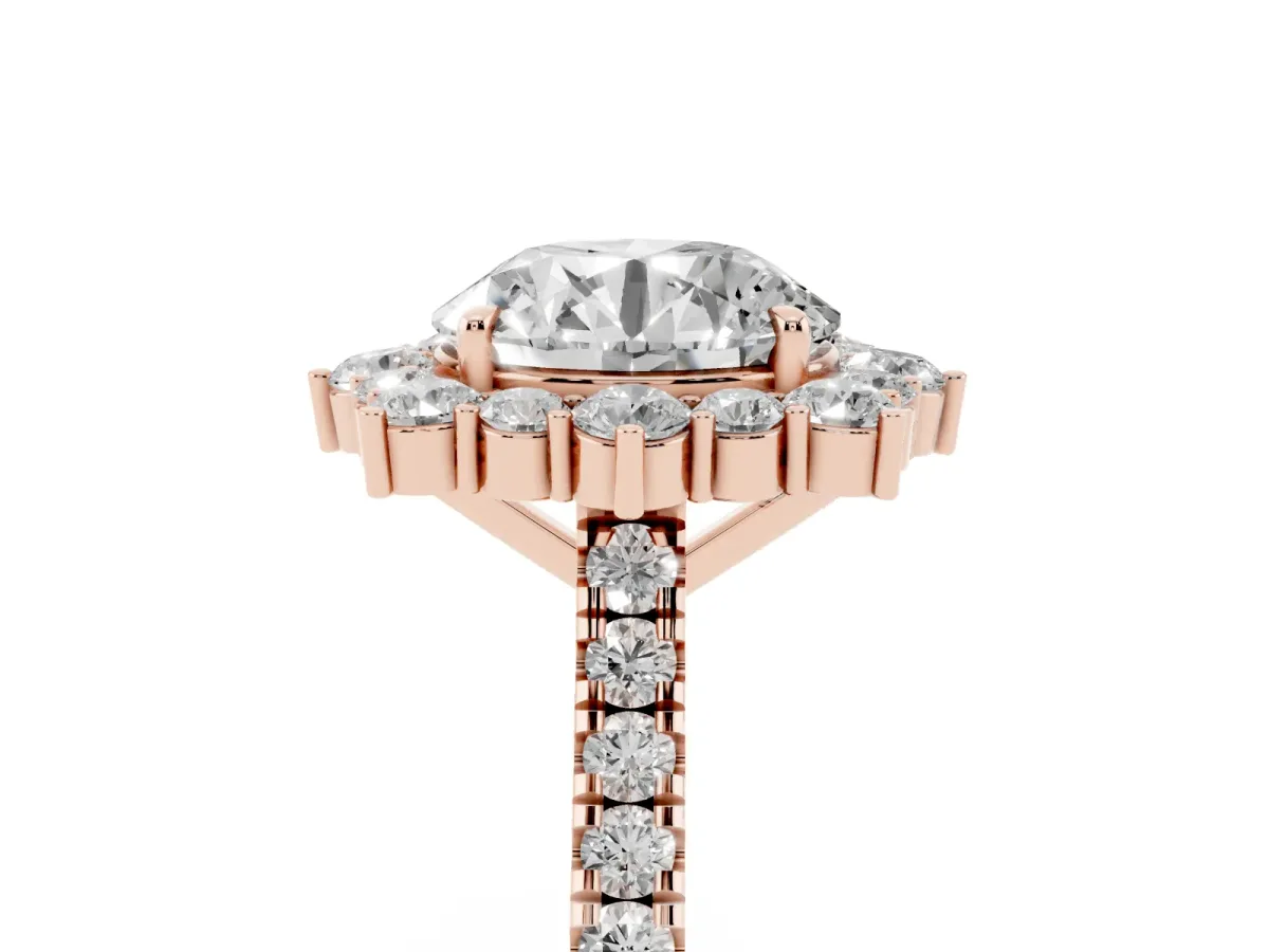 Round Cut Halo Diamond Ring with Pavé Band and Prong Setting Rose gold