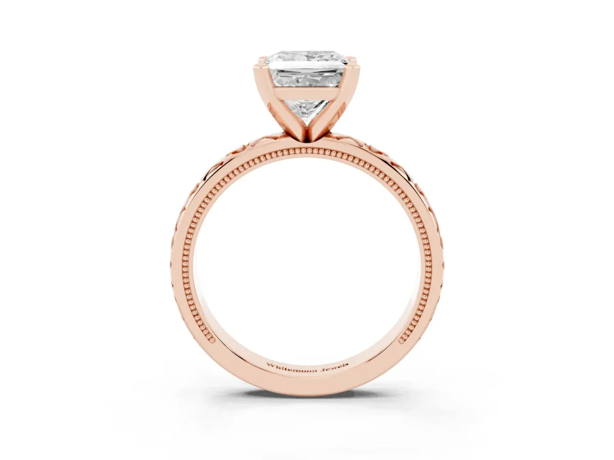 Princess Cut Solitaire Diamond Engagement Ring with XO Engraved Band and Four-Prong Setting Rose gold