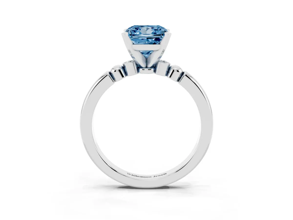 Fancy Blue Princess Cut Solitaire Beaded Band with Four-Prong Setting White gold