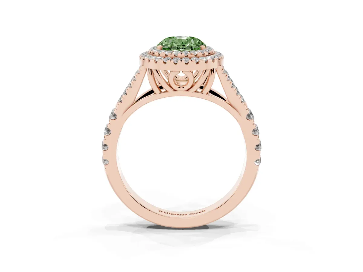 Fancy Green Oval Cut Diamond Pavé Split Shank Double Halo Engagement Ring Rose gold