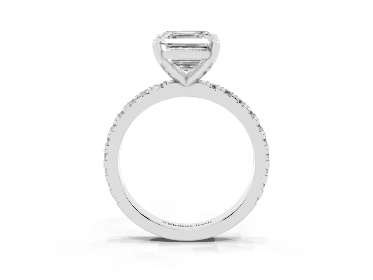 Asscher Cut Diamond Pavé Band Solitaire with Four-Prong Setting Silver