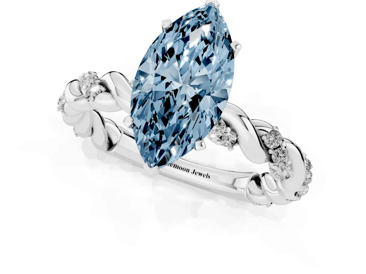 Fancy Blue Marquise Cut Diamond Solitaire Ring with Twisted Band and Pavé Accents Silver