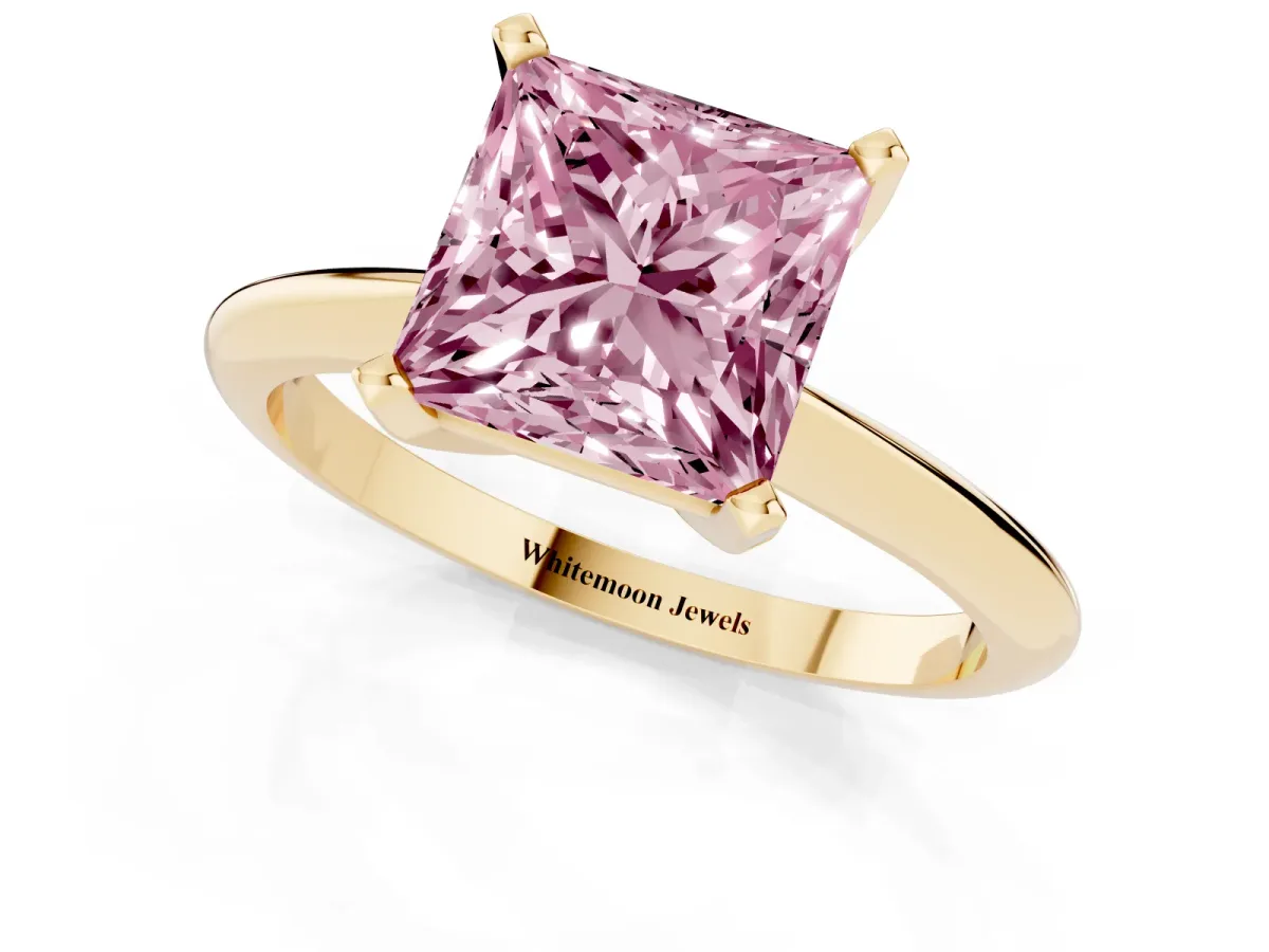 Fancy Pink Princess Cut Cut Solitaire Ring with Four-Prong Setting on a Classic Band Yellow gold