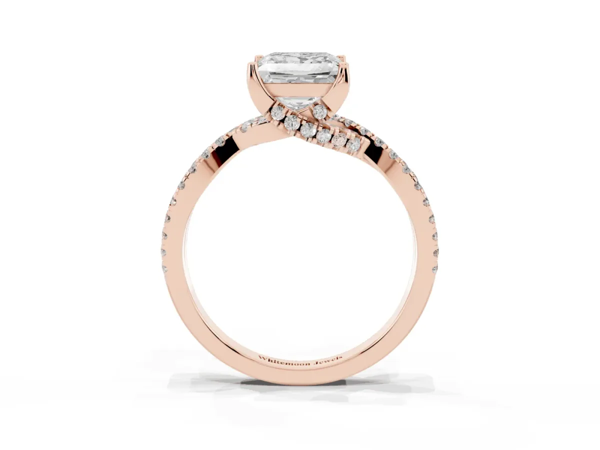 Princess Cut Solitaire Twist Pave Diamond Engagement Ring with Prong Setting Rose gold