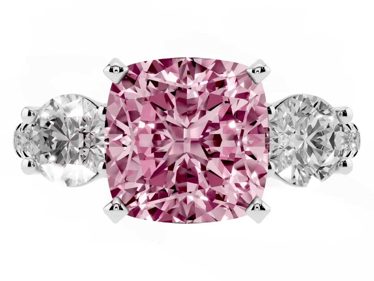 Fancy Pink Three-Stone Cushion Cut Diamond Pavé Band with Four-Prong Setting Silver