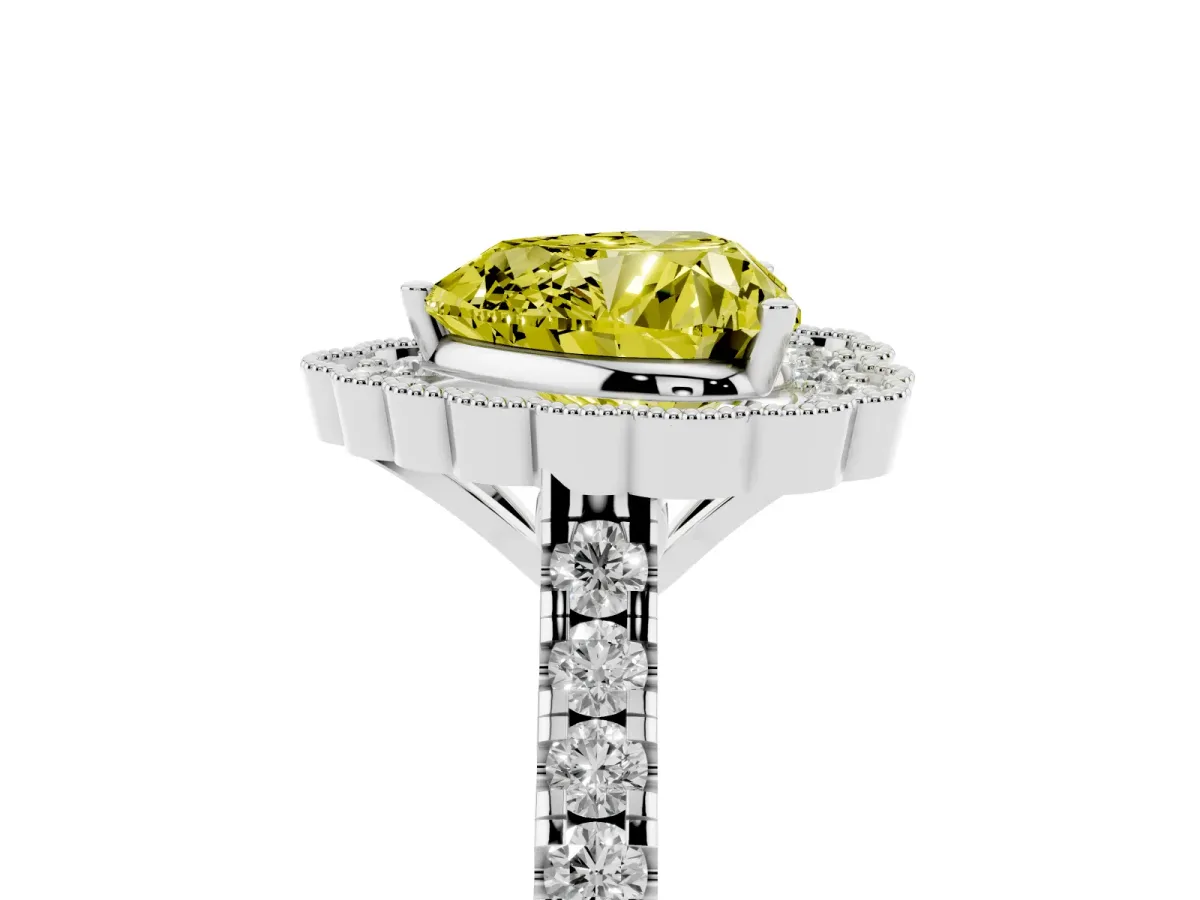 Fancy Yellow Heart Cut Cut Diamond Milgrain Floral Halo Engagement Ring with Pavé Band White gold
