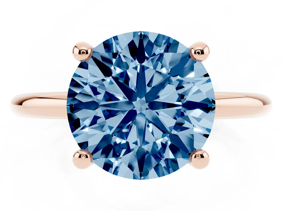 Fancy Blue Round Cut Solitaire Diamond Ring with 4-Prong Setting on a Classic Band Rose gold