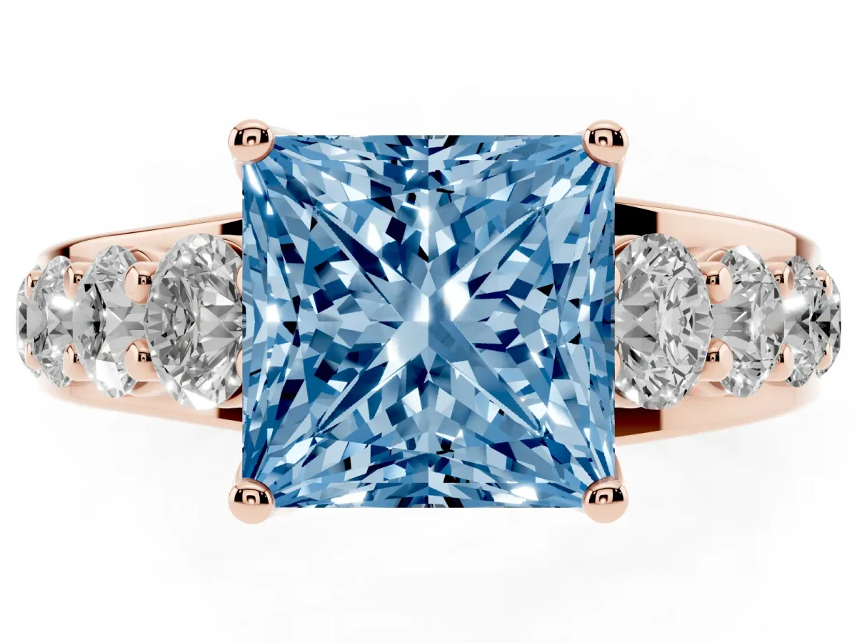 Fancy Blue Princess Cut Diamond Engagement Ring with Pavé Band and Four-Prong Setting Rose gold