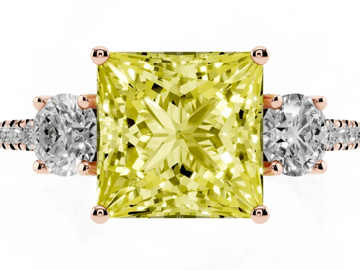 Fancy Yellow Three-Stone Princess Cut Cut Diamond Pavé Band with Prong Setting Rose gold