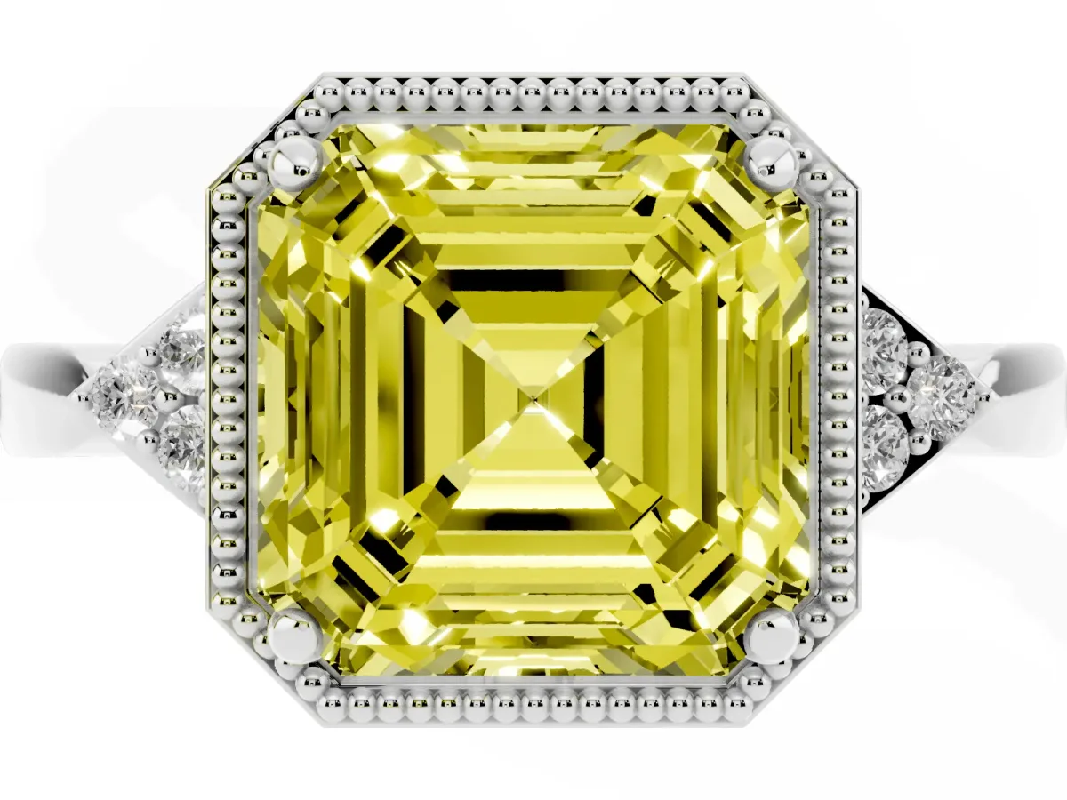 Fancy Yellow Asscher Cut Diamond Halo Ring with Tapered Band and Four-Prong Setting Platinum