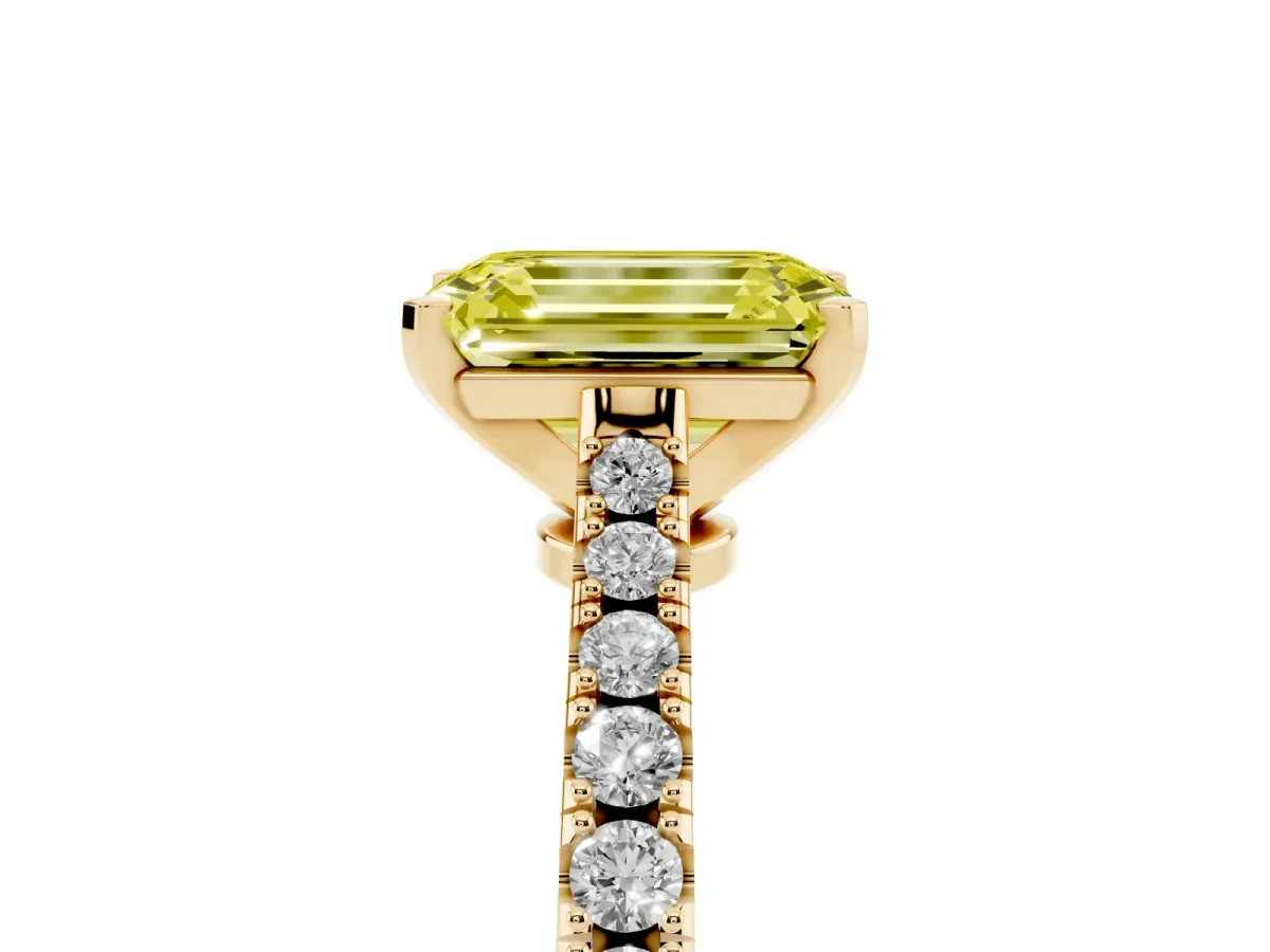 Fancy Yellow Emerald Cut Cut Solitaire Diamond Engagement Ring with Pave Band and Four-Prong Setting Yellow gold