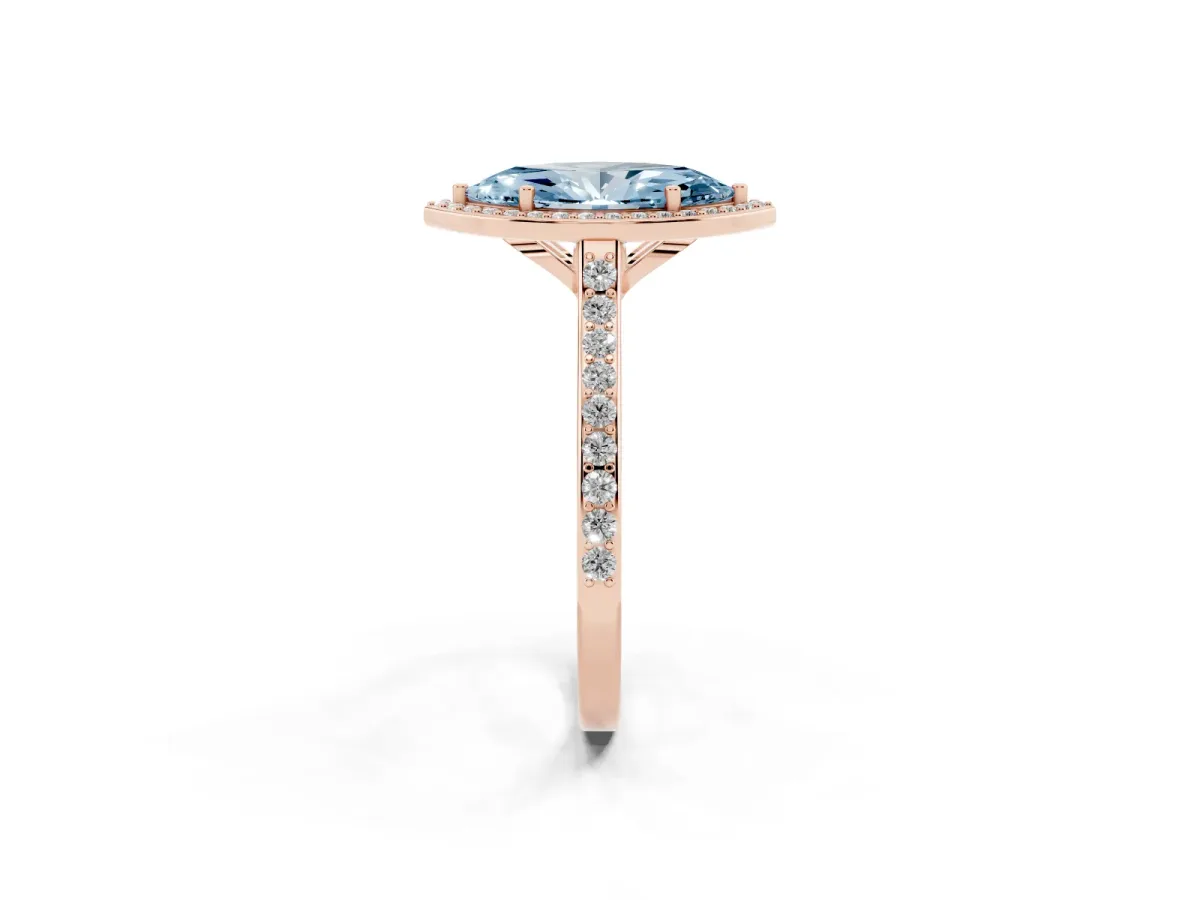 Fancy Blue Marquise Cut Diamond Halo Engagement Ring with Round Pavé Shoulders and Prong Setting Rose gold