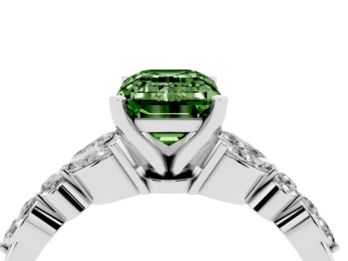 Fancy Green Emerald Cut Diamond Solitaire Ring with Side Stones and Four-Prong Setting Platinum