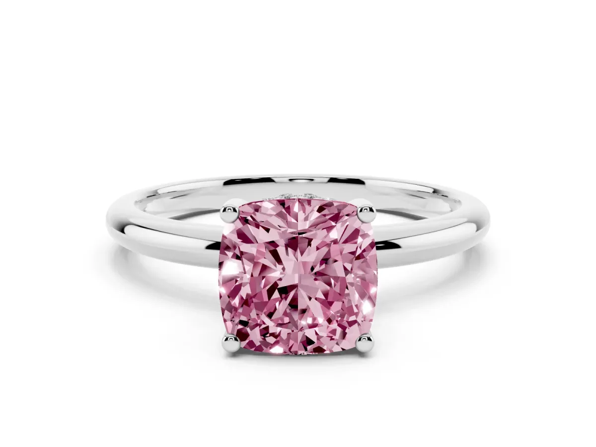 Fancy Pink Cushion Cut Cut Solitaire Engagement Ring with Four-Prong Setting and Classic Band Silver