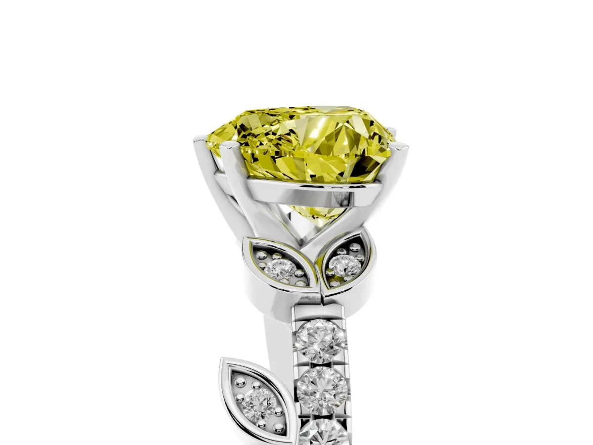 Fancy Yellow Heart Cut Solitaire Leaf-Inspired Diamond Ring with Pavé Band and Four-Prong Setting Platinum
