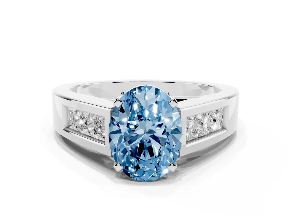 Fancy Blue Oval Cut Cut Channel Set Solitaire Ring with Four-Prong Setting White gold