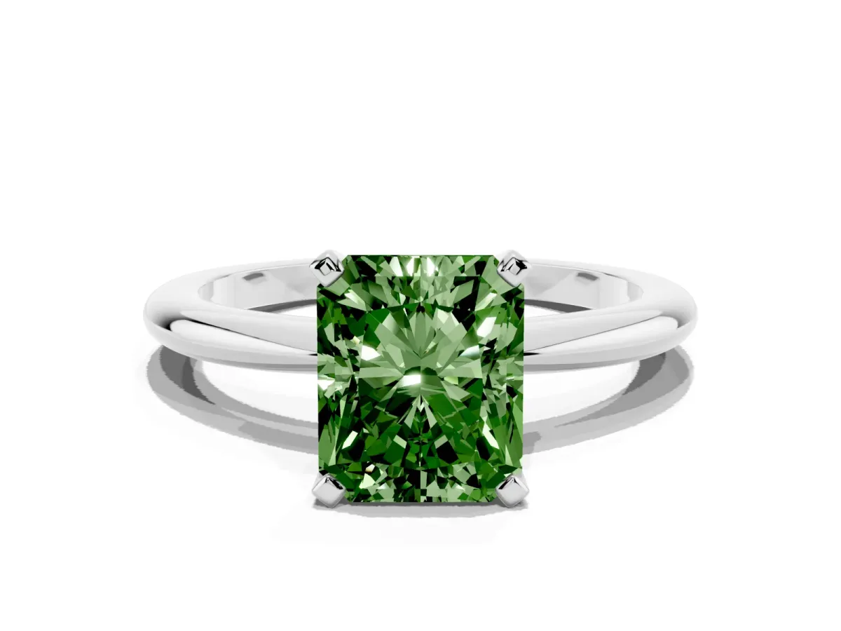 Fancy Green Radiant Cut Diamond Solitaire Ring with Prong Setting and Classic Band Silver