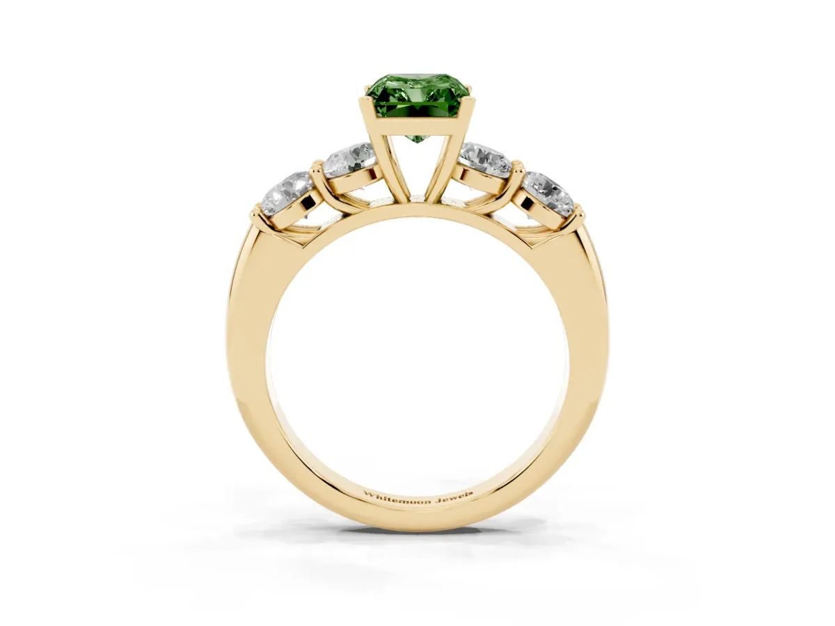 Fancy Green Radiant Cut Cut Five-Stone Prong Set Diamond Ring with Classic Band Yellow gold