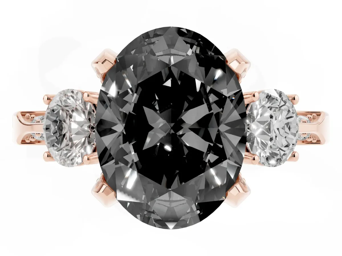 Fancy Black Oval Cut Brilliant Three-Stone Diamond Ring with Pavé Band and Four-Prong Setting Rose gold