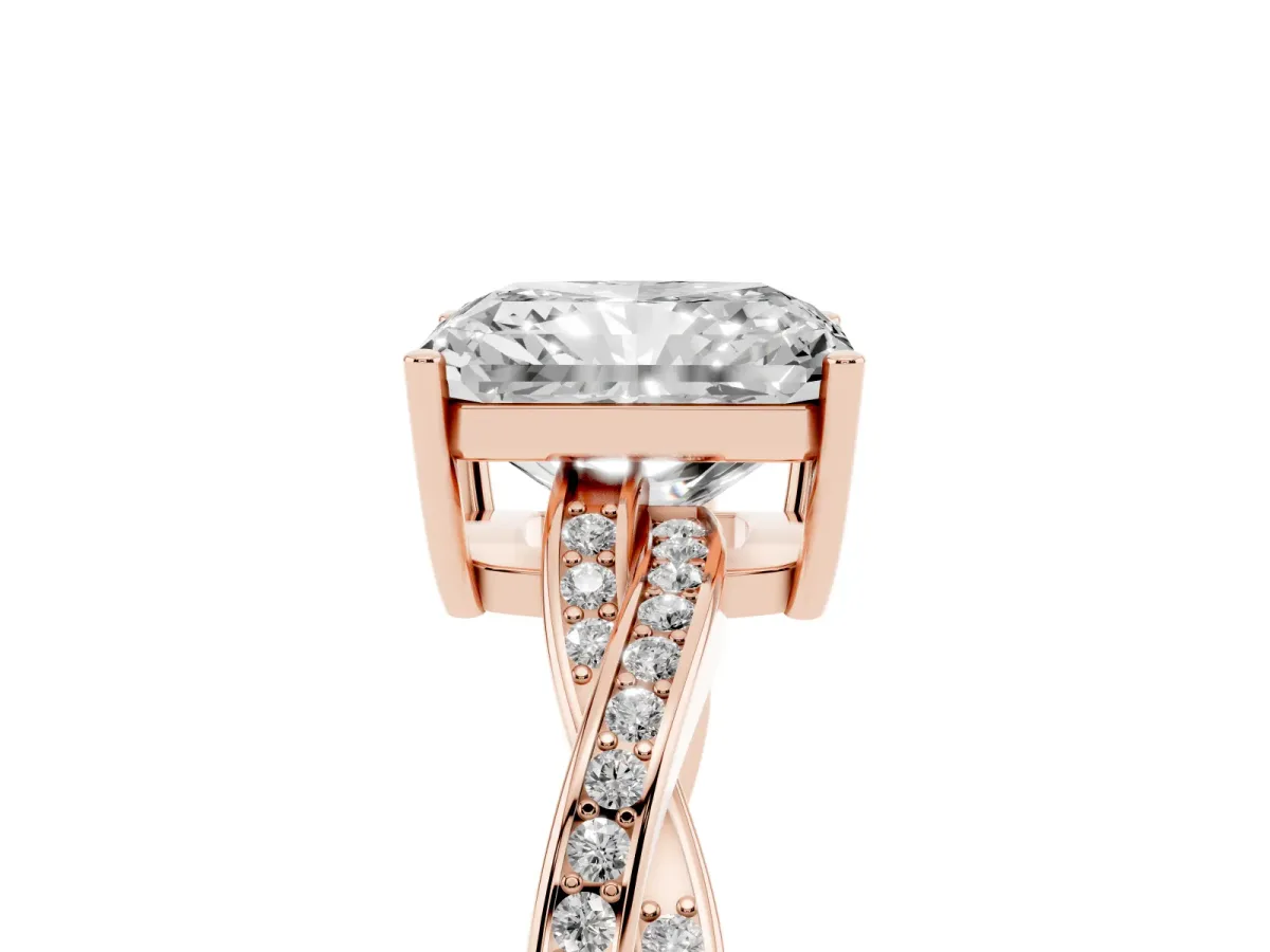 Radiant Cut Solitaire Twisted Pave Diamond Ring with Four-Prong Setting Rose gold