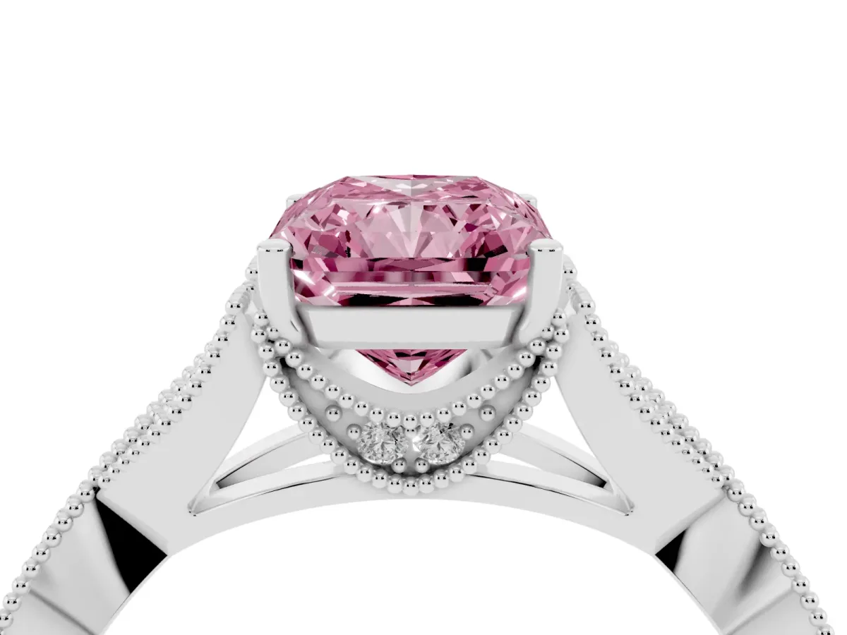 Fancy Pink Radiant Cut Cut Diamond Twisted Band with Milgrain Pave Setting and Four-Prong Setting White gold