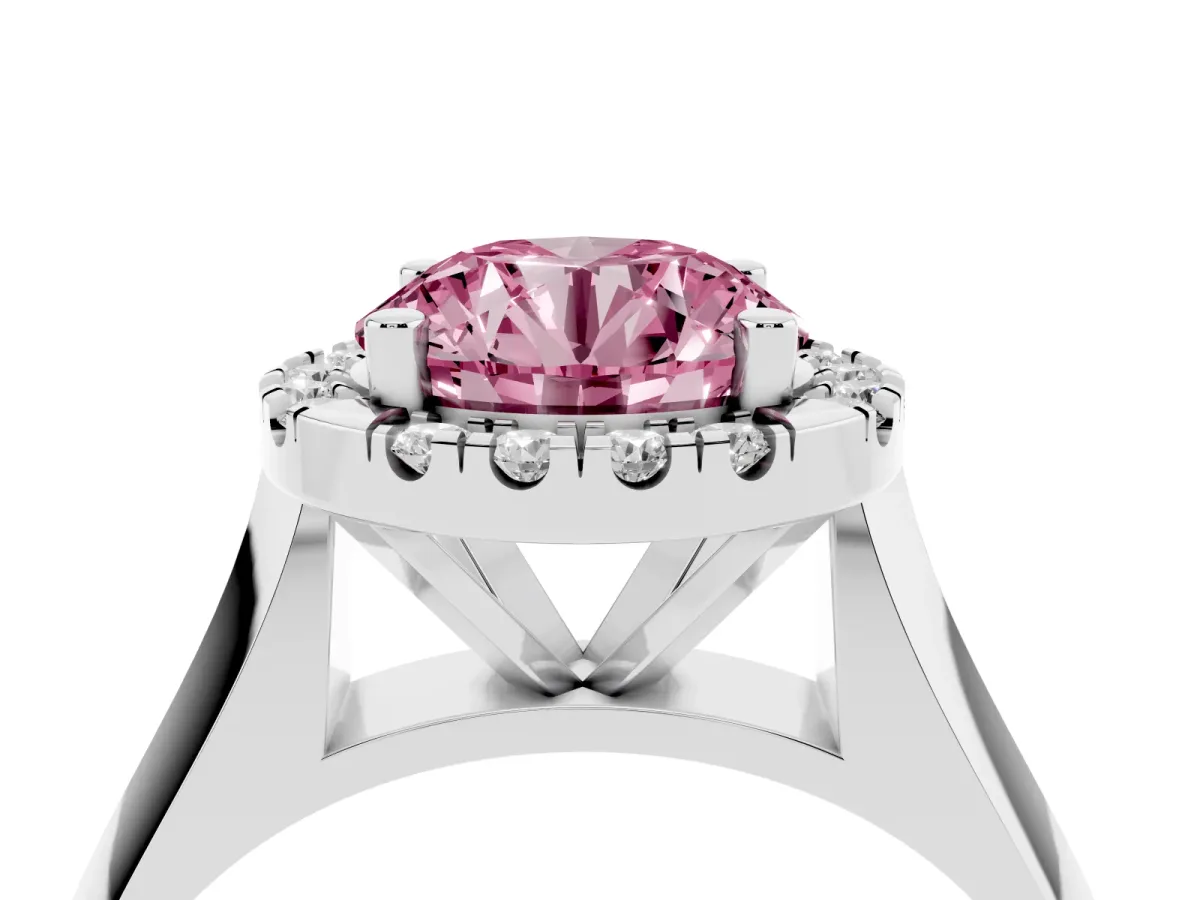 Fancy Pink Round Cut Cut Halo Solitaire Engagement Ring with Square Band and Four-Prong Setting Silver