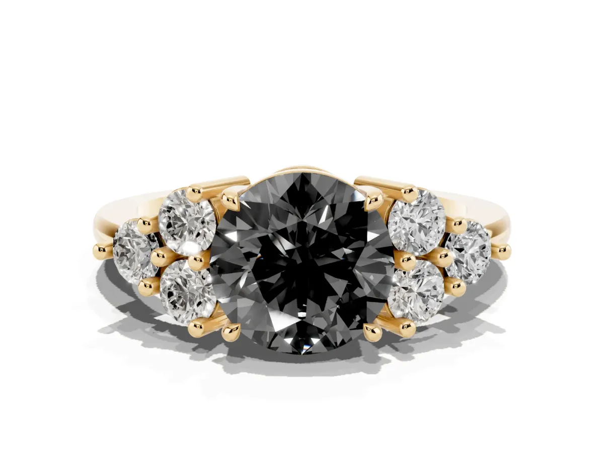 Fancy Black Round Cut Brilliant Diamond Cluster Accent Solitaire Ring with Prong Setting Yellow gold