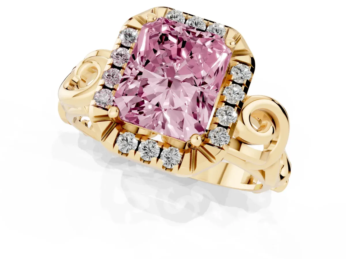 Fancy Pink Radiant Cut Cut Halo Diamond Ring with Scrollwork Band and Four-Prong Setting Yellow gold