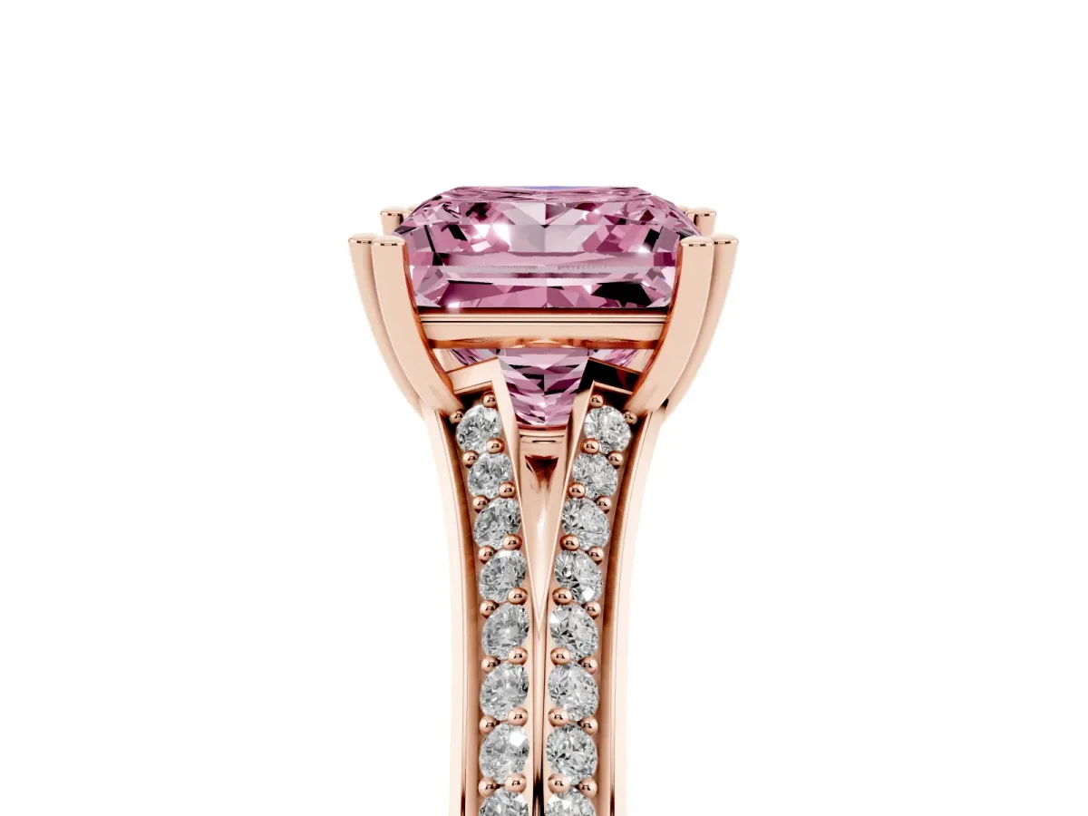 Fancy Pink Princess Cut Diamond Split Shank Engagement Ring with Pavé Band Rose gold