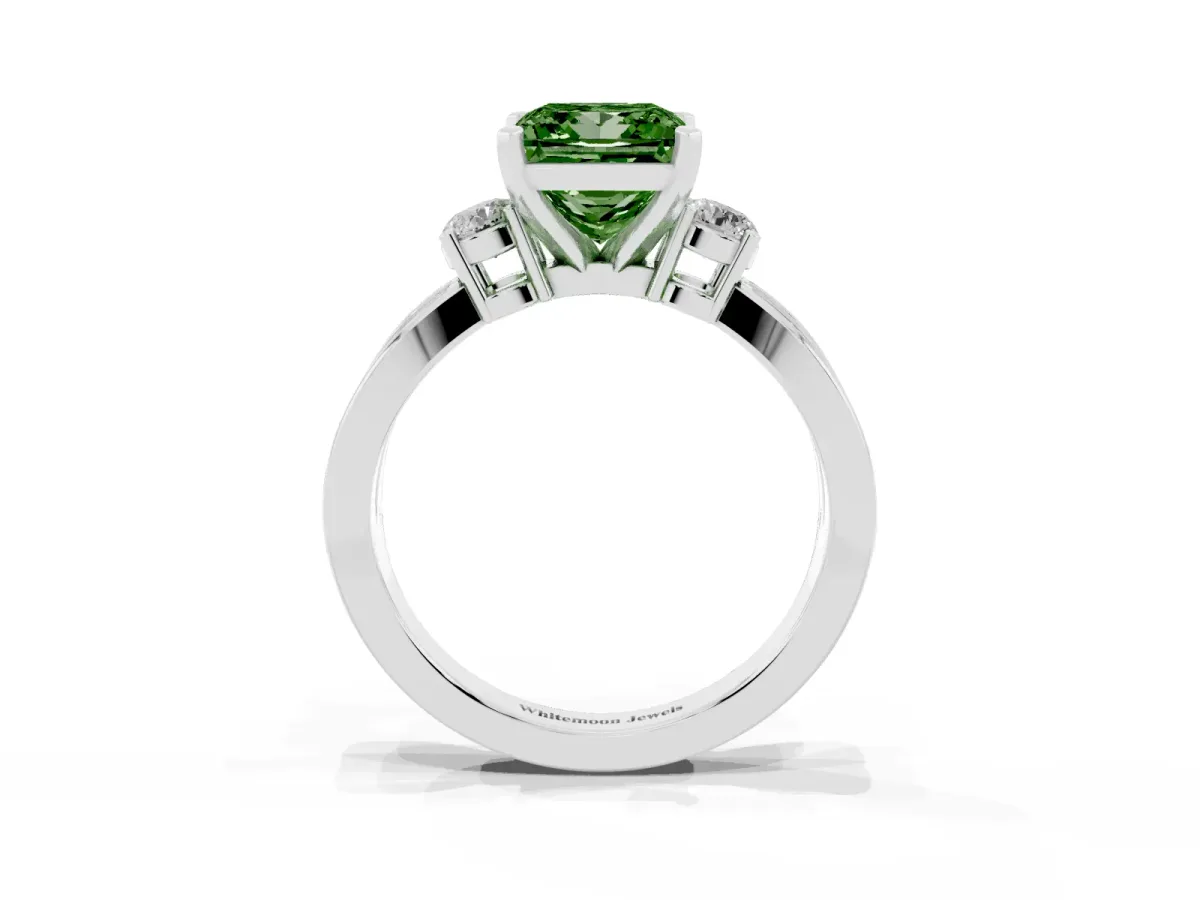 Fancy Green Three-Stone Princess Cut Cut Diamond Twist Band with Prong Setting Silver