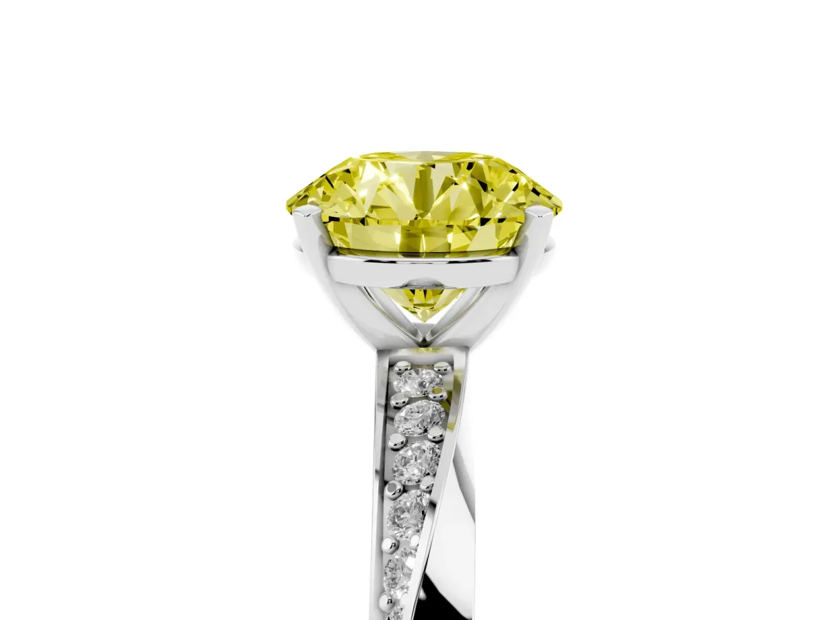 Fancy Yellow Round Cut Diamond Engagement Ring with Side Stone Accents and Four-Prong Setting Platinum