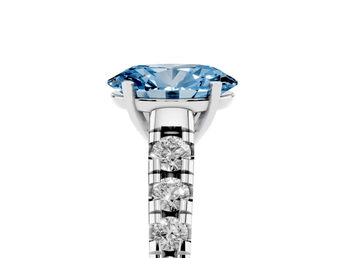 Fancy Blue Oval Cut Diamond Cathedral Solitaire Ring with Round Pavé Band Silver