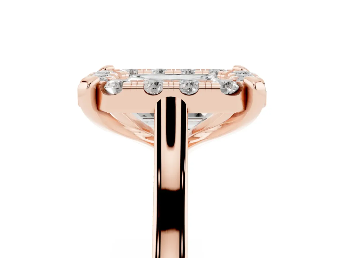 Emerald Cut Diamond Cluster Halo Solitaire with Four-Prong Setting Rose gold