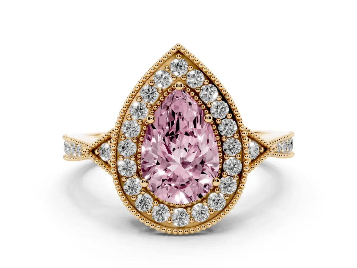 Fancy Pink Pear Cut Halo Round Diamond Milgrain Pave Engagement Ring Yellow gold