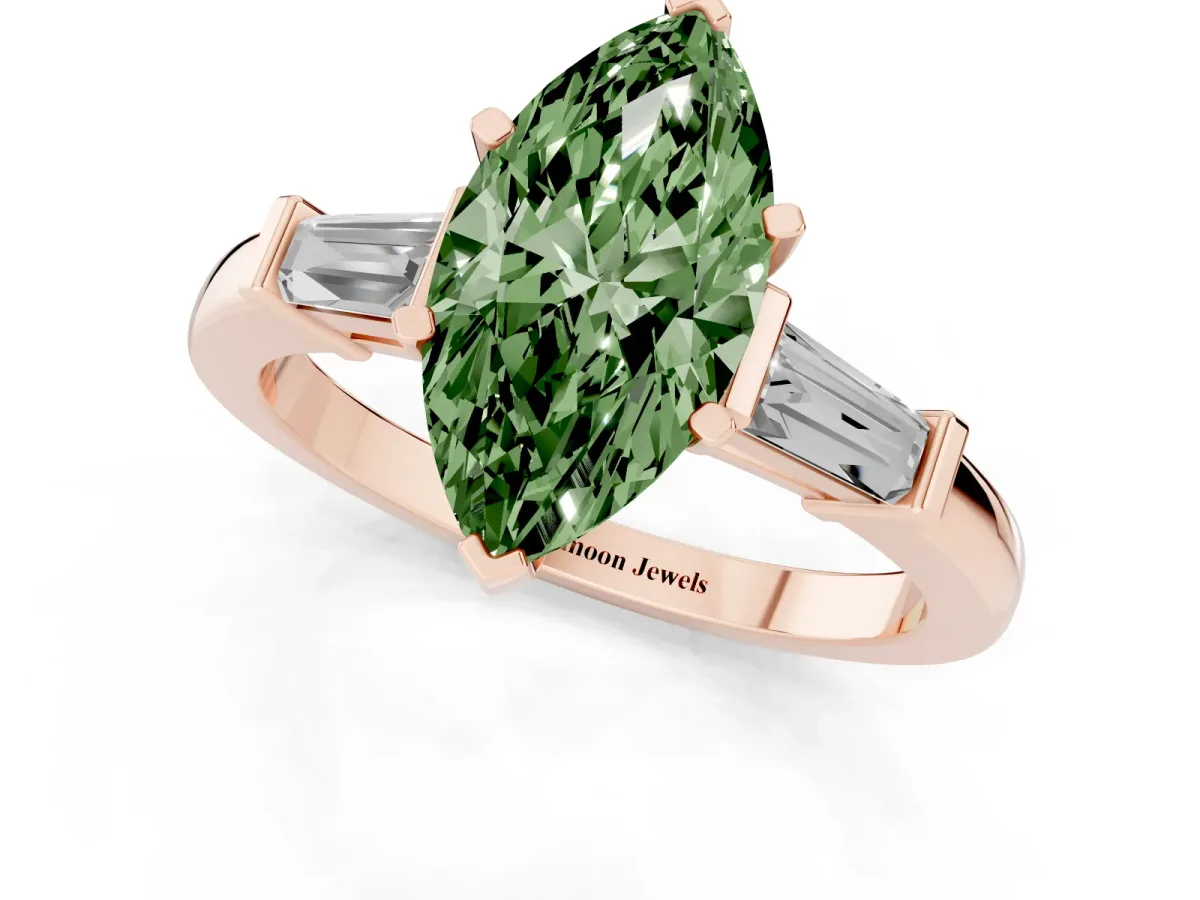 Fancy Green Marquise Cut Cut Diamond Solitaire Ring with Tapered Baguette Accents and Four-Prong Setting Rose gold