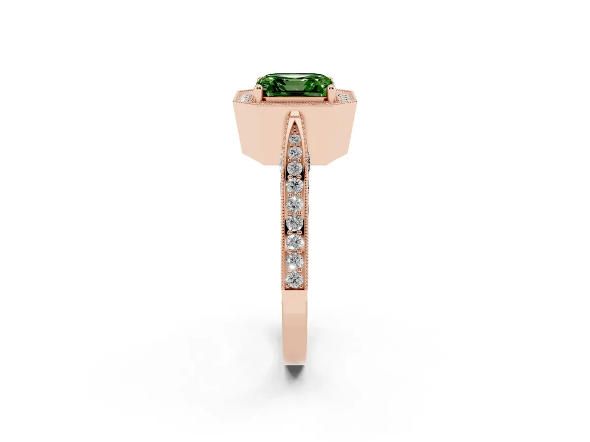 Fancy Green Asscher Cut Halo Diamond Engagement Ring with Split Shank Band and Four-Prong Setting Rose gold