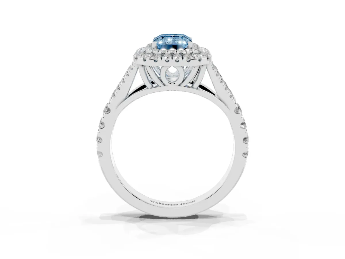 Fancy Blue Emerald Cut Diamond Pavé Split Shank Double Halo Engagement Ring Platinum