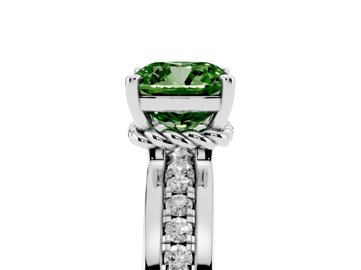 Fancy Green Cushion Cut Solitaire Diamond Ring with Channel Set Band and Six-Prong Setting Silver