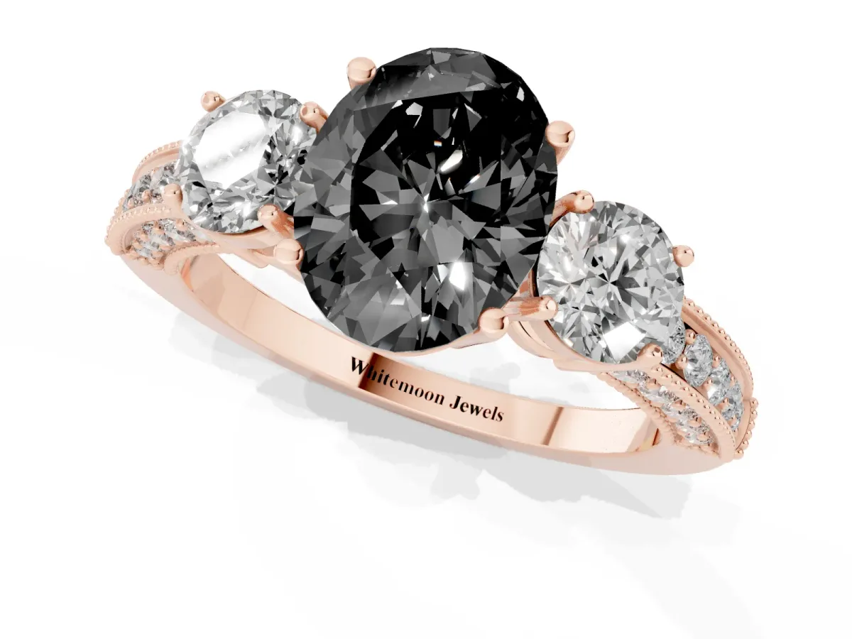 Fancy Black Oval Cut Three-Stone Diamond Ring with Pavé Band and Four-Prong Setting Rose gold