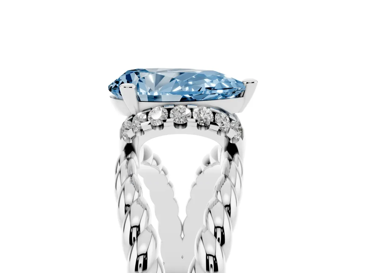 Fancy Blue Pear Cut Halo Twisted Band Four-Prong Ring Silver
