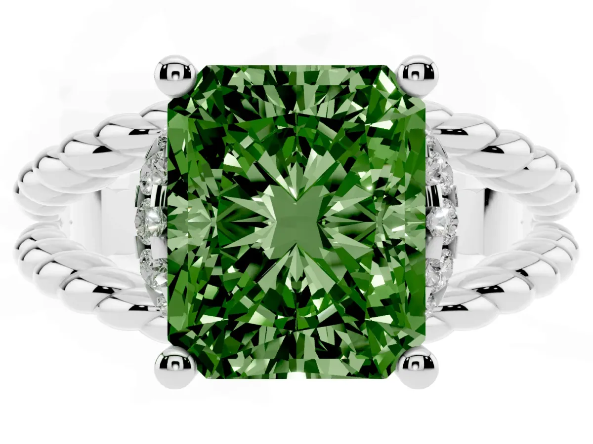 Fancy Green Radiant Cut Halo Twisted Band Four-Prong Ring Platinum