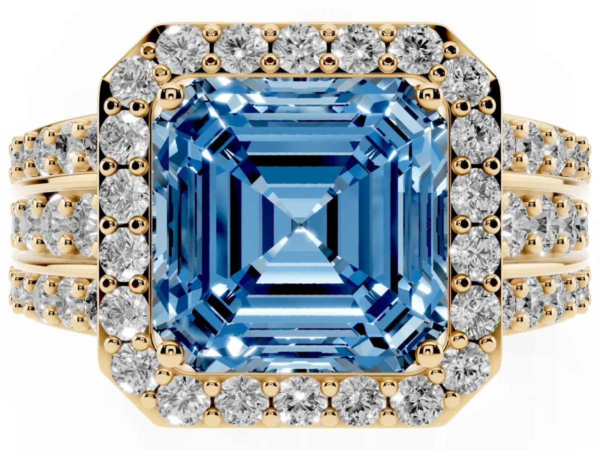 Fancy Blue Asscher Cut Halo Diamond Ring with Round Split Shank and Prong Setting Yellow gold