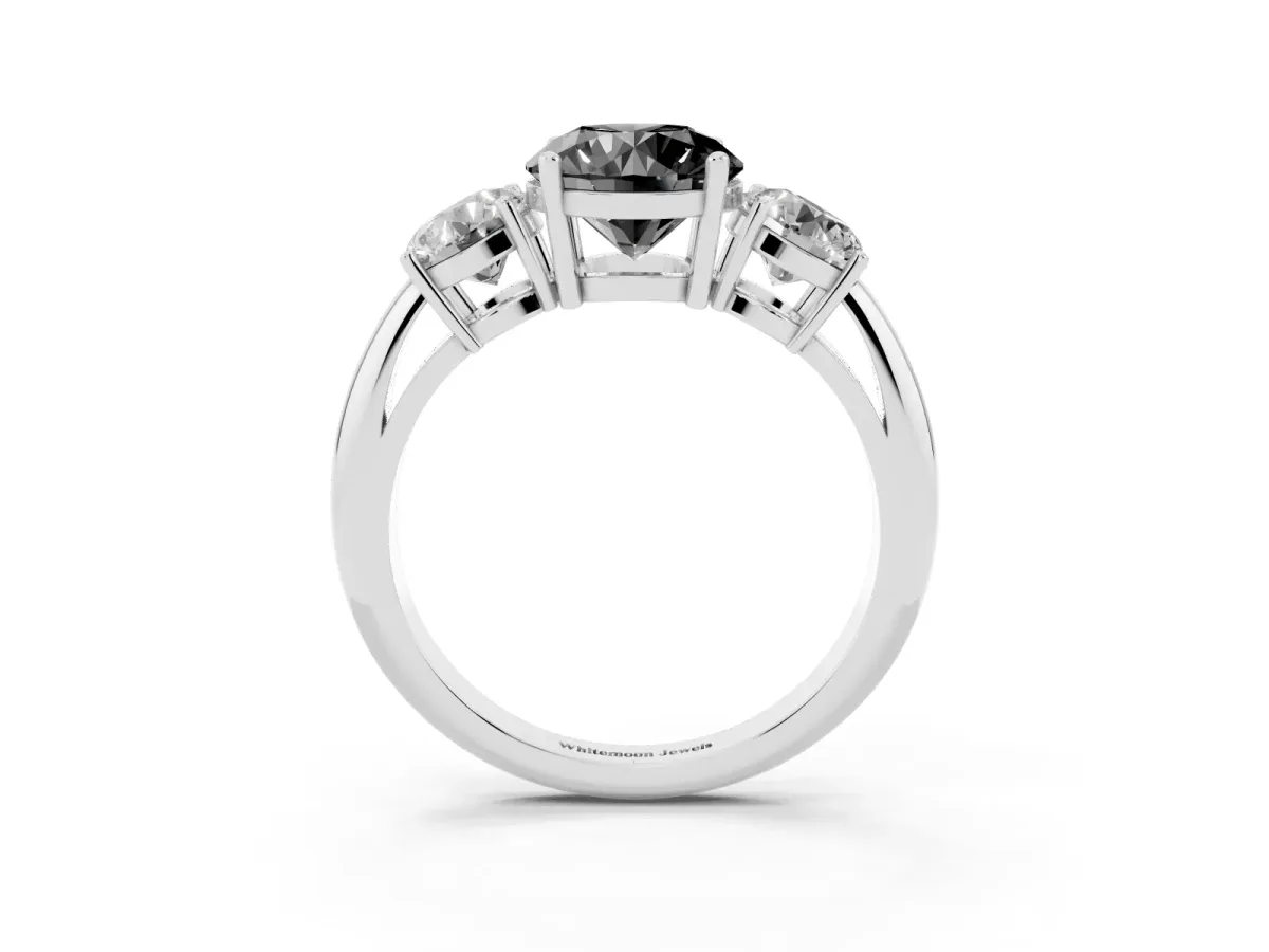 Fancy Black Three-Stone Round Cut Cut Diamond Engagement Ring with Prong Setting on a White Gold Band Platinum