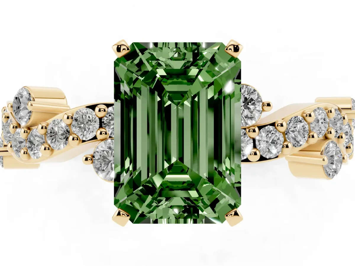 Fancy Green Emerald Cut Cut Solitaire Diamond Twisted Band with Pave Setting Yellow gold