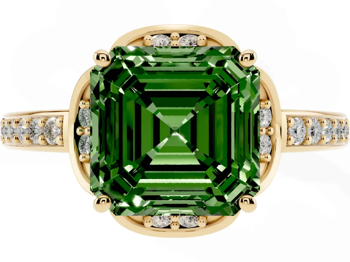 Fancy Green Asscher Cut Cut Halo Diamond Ring with Channel Set Band and Four-Prong Setting Yellow gold